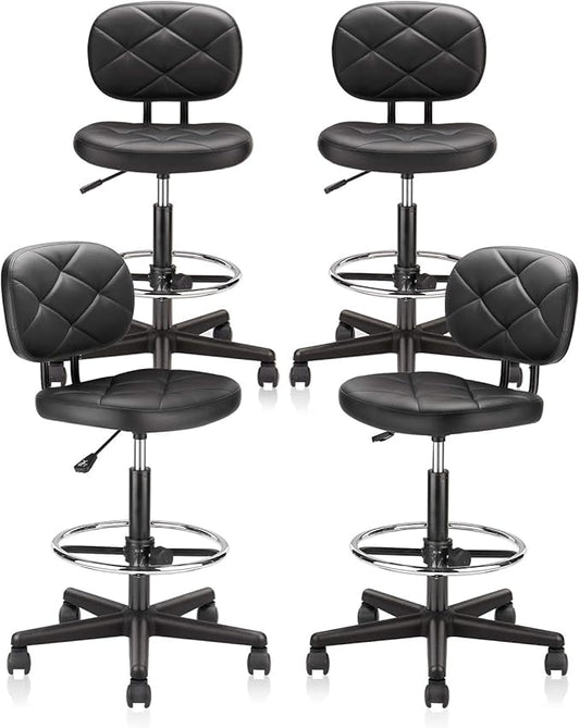 KLASIKA Tall Drafting Rolling Stool Chair with Low Back Support and Adjustable Foot Rest Ring Set of 4 PU Leather Vinly Wide Seat Swivel Standing Desk Chair for Office Home 4 Pack