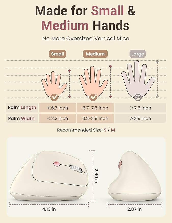 Ergonomic Vertical Wireless Mouse, 57°, Small/Medium Hands, Beige | Rechargeable, Quiet Click, 800/1200/1600 DPI, 2.4GHz USB Receiver, Forward/Back Buttons, Computer Mouse for Laptop PC Mac