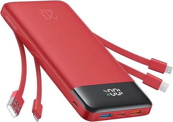 charmast 20000mAh Portable Charger with Built in Cables, 22.5W Travel Power Bank Fast Charging, USB C Cell Phone Battery Pack for iPhone 17/16/15/14/13/12 Series, iPad, Samsung, Android, Tablet