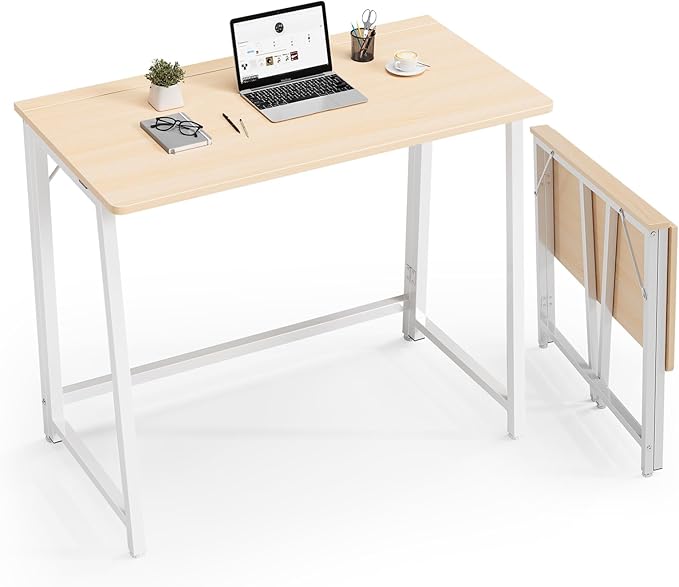 DUMOS 31.5 Inch Folding Desk, Foldable Computer Table for Small Spaces, Metal Frame Gaming Writing Work Station, Mini Home Office Surface, Oak