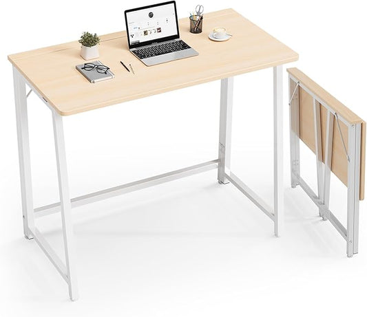 DUMOS 31.5 Inch Folding Desk, Foldable Computer Table for Small Spaces, Metal Frame Gaming Writing Work Station, Mini Home Office Surface, Oak