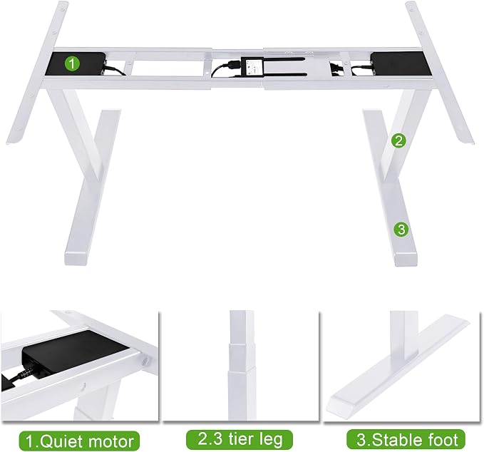 Fromann Dual Motor Standing Desk Frame 3 Tier Legs Sit Stand up Electric Height Adjustable Desk Base for Home and Office (White)