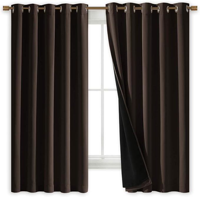 NICETOWN Complete 100% Blackout Curtains, Thermal Insulated & Energy Efficiency Window Draperies with Black Liner, Noise Reducing Short Curtains for Kids Room (Brown, 70-inch W by 63-inch L, 2 Panels)
