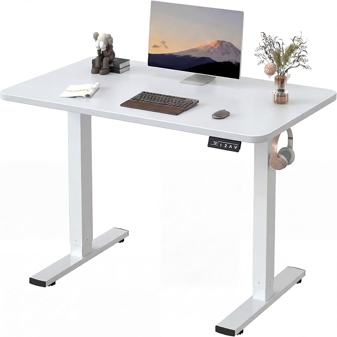 Furmax Electric Height Adjustable Standing Desk Large 48 x 24 Inches Sit Stand up Desk Home Office Computer Desk Memory Preset with T-Shaped Metal Bracket, White