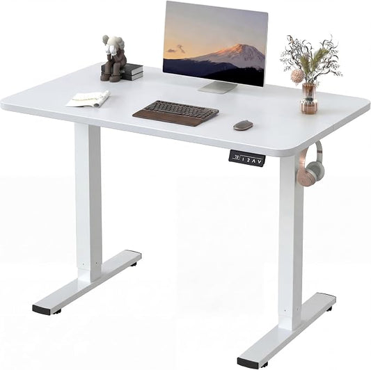 Furmax Electric Height Adjustable Standing Desk Large 48 x 24 Inches Sit Stand up Desk Home Office Computer Desk Memory Preset with T-Shaped Metal Bracket, White