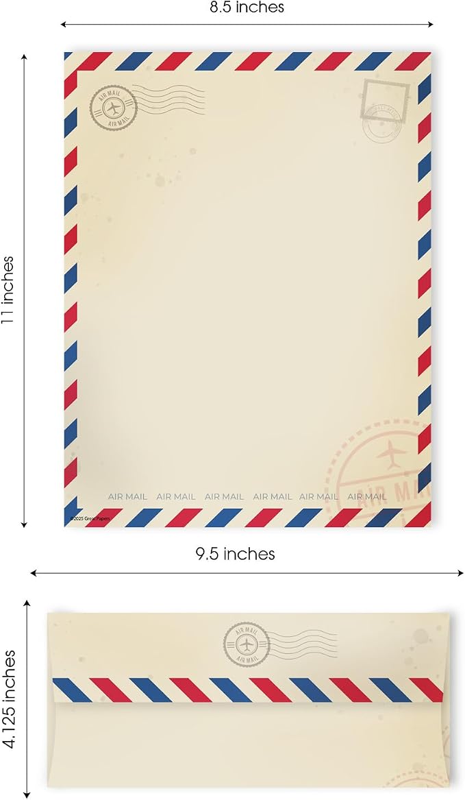 Vintage Air Mail Letterhead With Envelopes / 40 Rustic Travel Themed Airmail Sheets With Matching Envelopes / 8.5" x 11" Vintage Red Blue Throwback Paper Stationery Design