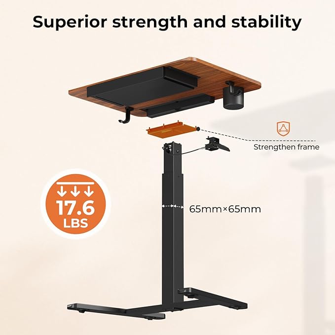 28" Mobile Standing Desk with Drawer, Portable Laptop Desk | Rolling Desk with Cup Holder and Hooks, Height Adjustable Computer Cart with Storage, Lockable & Hidden Wheels, Dark Wood