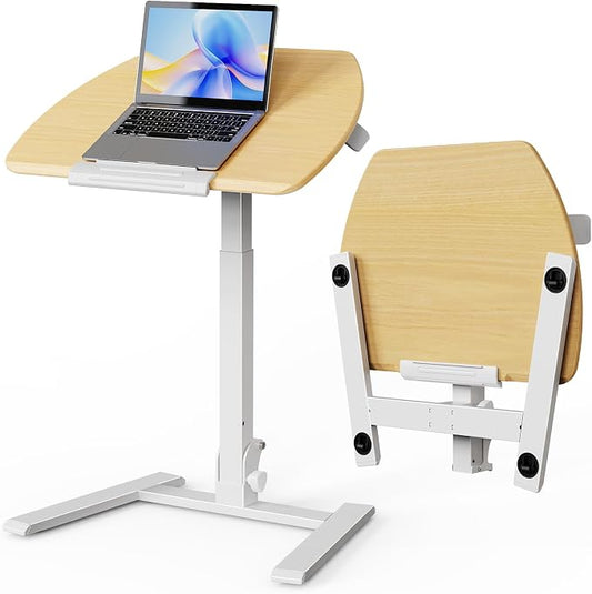 ROMOON Foldable Small Standing Desk with No-Assembly Design, Rolling Height-Adjustable Sit-Stand Table with Wheels, Space-Saving Portable Laptop Cart for Home Office and Small Space (Natural Oak)