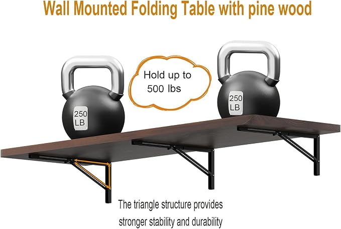 IAE Floating Wall Mounted Folding Table Desk with Pine Wood,60" x 22" Foldable Workbench,Fold Down Wall Mounted Foldable Desk with Shelf Brackets,Laundry Folding Table for Home,Dining,Kitchen, Walnut