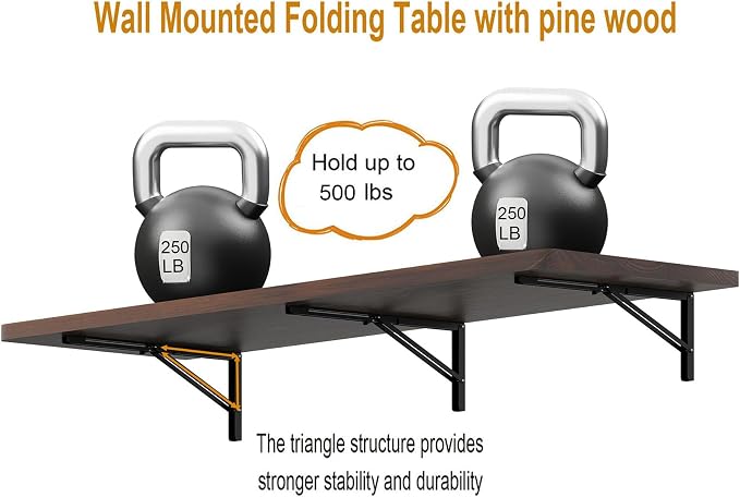 IAE Wall Mounted Folding Table with Pine Wood,60" x 16" Floating Wall Desk,Laundry Folding Table with Shelf Brackets,Fold Down Desk Shelf,Folding Workbench for Home,Dining,Laundry Room,Kitchen,Brown