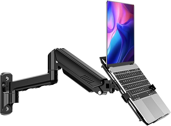 Laptop Wall Mount, 2-in-1 Monitor with Vented Tray | Fits Max 17" Notebook or 13- 32" Computer Screen, Adjustable Laptop Arm Holds 4.4-22lbs, Gas Spring Laptop Holder Stand