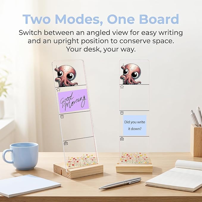 Sticky Note Holder, Monitor Memo Board, Acrylic Post It Note Holder with Wooden Base, Includes 200 Notes, Desk Organizer for Office, Cute Octopus Design