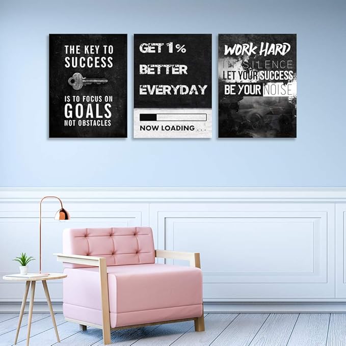 Motivational Success Poster Print Wall Art Inspirational Entrepreneur Goals Quotes Wall Decor Work Hard Picture Painting Decoration Artwork for Office Bedroom Living Room 16inch x24inch x3pieces