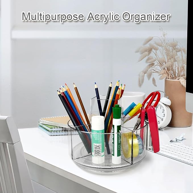 Rotating Acrylic Pen Holder, Clear Pencil Holder for Desk, 360 Degree Rotating Makeup Brush Holder and Storage Organizer, Modern Desk Organizer for School, Home and Office.
