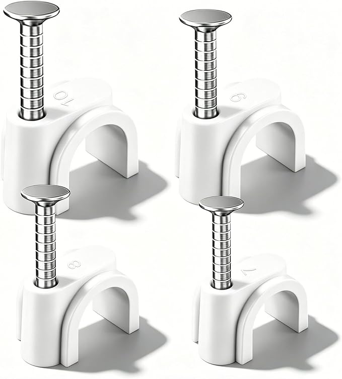 Cable Clips 400 Pcs, 7mm 8mm 9mm 10mm Nail in Wire Wall Clips with Steel Nails, Ethernet Cable Management Organizer, Coax Cable Tacks for Cat6 RJ45 Speaker Wire TV Cords - White