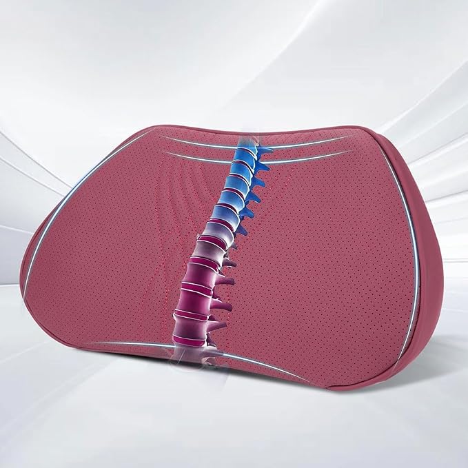 Lumbar Support Pillow for Driving Seat, Office Chair, Red, 1PC | Leather Lumbar Pillow Memory Foam Lower Back Cushion for Back Pain Relief Improve Posture, Ergonomic Back Rest Gaming Chair