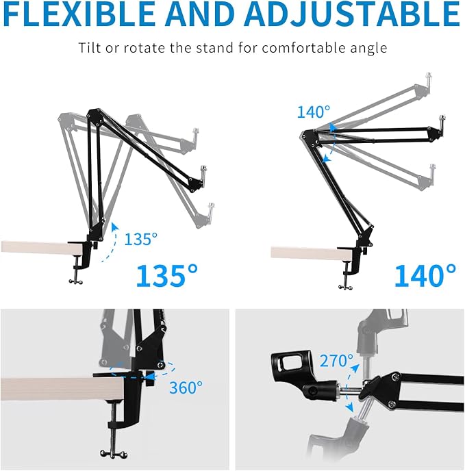 FEELWORLD AMS1 Microphone Boom Arm, Adjustable Mic Arm Stand with 3/8” to 5/8” Screw, Compatible with PM1 and other Mics for Podcast Straming Gaming Studio