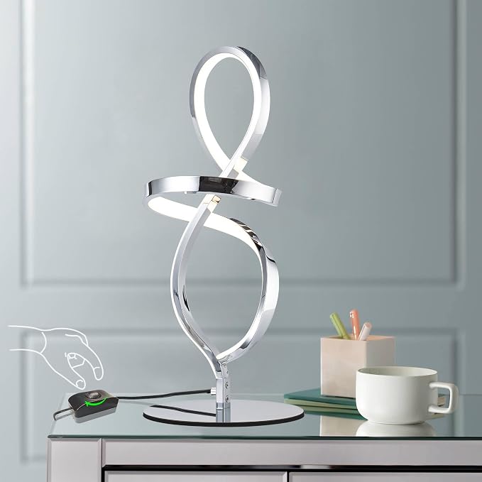 Mayful Modern Table Lamp with LED Unique Spiral Design, Small Nightstand Lamp with Stepless Dimming Switch, Chrome Bedside Lamps for Bedroom, Nightstand, Living Room, Office, 12W 3200K Warm White