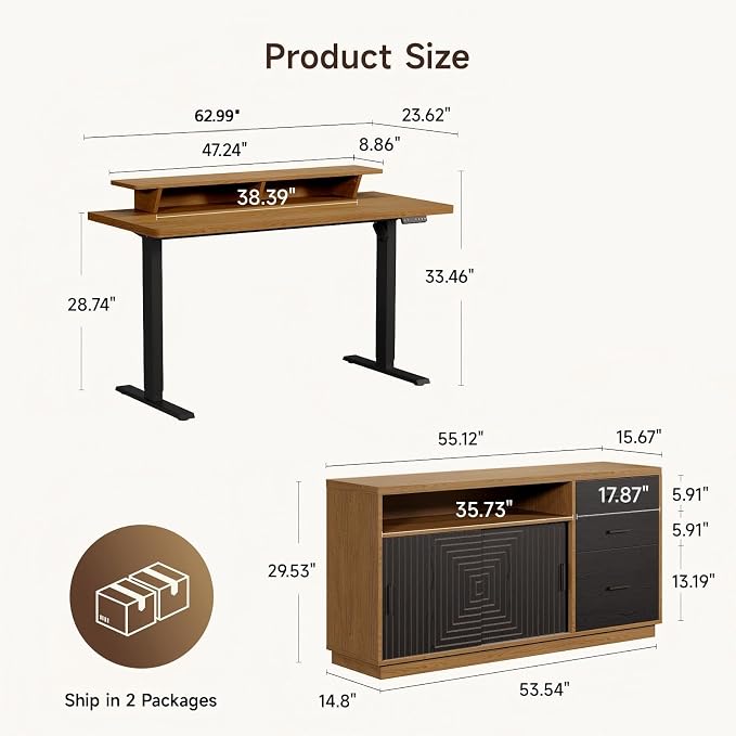 ONBRILL 63" Electric Standing Desk with 55" File Cabinet, Adjustable Height Home Office Furniture Set with Monitor Stand and 3 Drawers, Executive Workstationfor Home Office, Oak Brown