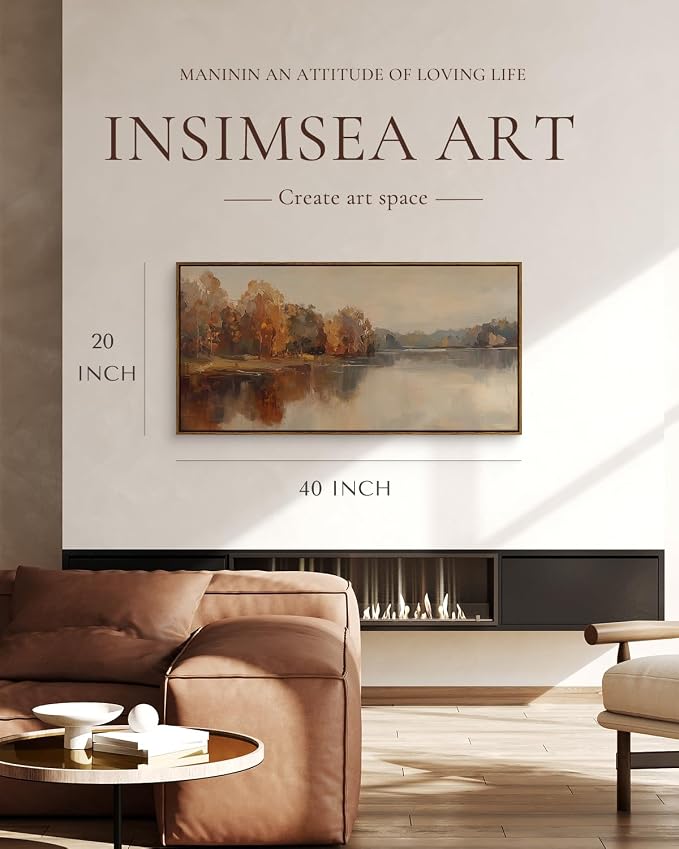 InSimSea Extra Large Framed Vintage Fall Wall Art, Living Room Country Farmhouse Decor, Autumn Lake Landscape Canvas Prints, Retro Scenery Long Pictures for Bedroom Above of Bed, 20x40inch