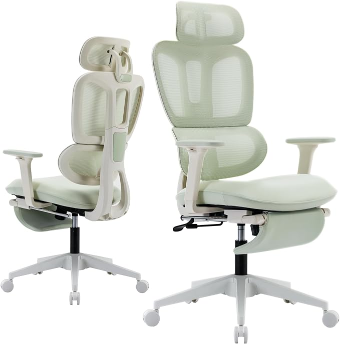 Ergonomic Office Chair with Retractable Footrest, Green | High Back Design, Dynamic Lumbar Support, 2D Headrest & 2D Armrests, Breathable Mesh Back for Home Office