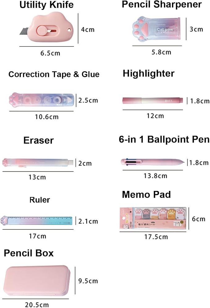 MOZXIRZ 9 Pcs Cute Pink Stationery Set Cat Paw School Supplies Kawaii Office Supplies Including Pens Pencil Sharpener Highlighter Eraser Correction Tape Ruler Utility Knife (Cat Paw-Pink)