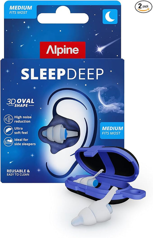 Alpine SleepDeep Earplugs for Sleeping – Side Sleepers & Snoring – Ultra-Soft Noise Reducing Earplugs – 27dB SNR – Hypoallergenic, Silicone-Free – 1 Pair (M)