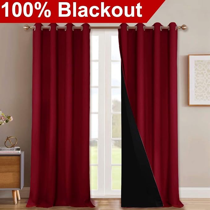NICETOWN 100% Blackout Curtains with Black Liner Backing, Thermal Insulated Curtains for Living Room, Noise Reducing Drapes for Christmas, Burgundy Red, 52" x 102" Per Panel, Set of 2