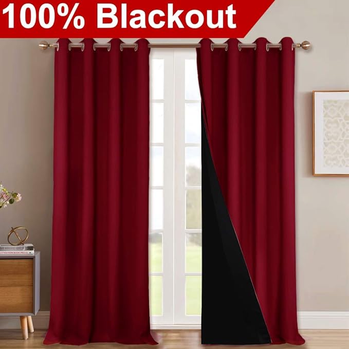 NICETOWN 100% Blackout Blinds, Set of 2, 46" x 96", Burgundy Red, Laundry Room Decor Window Treatment Curtains for Large Patio Sliding Door, Thermal Insulated Curtains for Bedroom