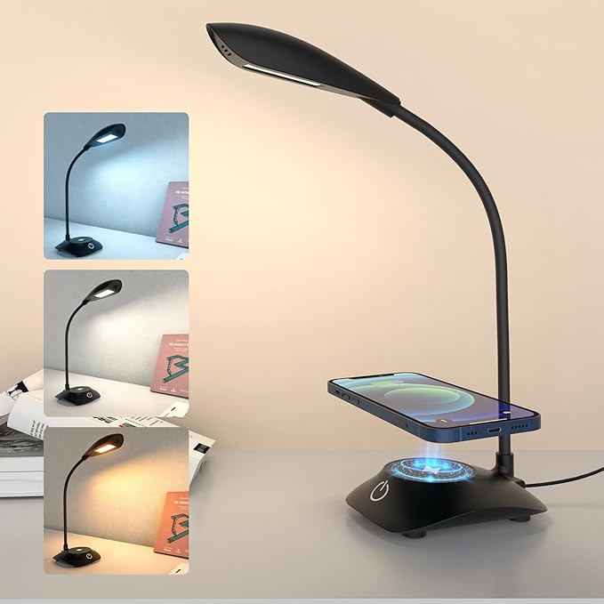 Desk Lamp for Home Office Compatible with MagSafe Wireless Fast Charging, Dimmable 3 Color Modes, 600LM, CRI 85, Adjustable Neck Study Lamps for College Dorm Room, Adapter Not Included, Black