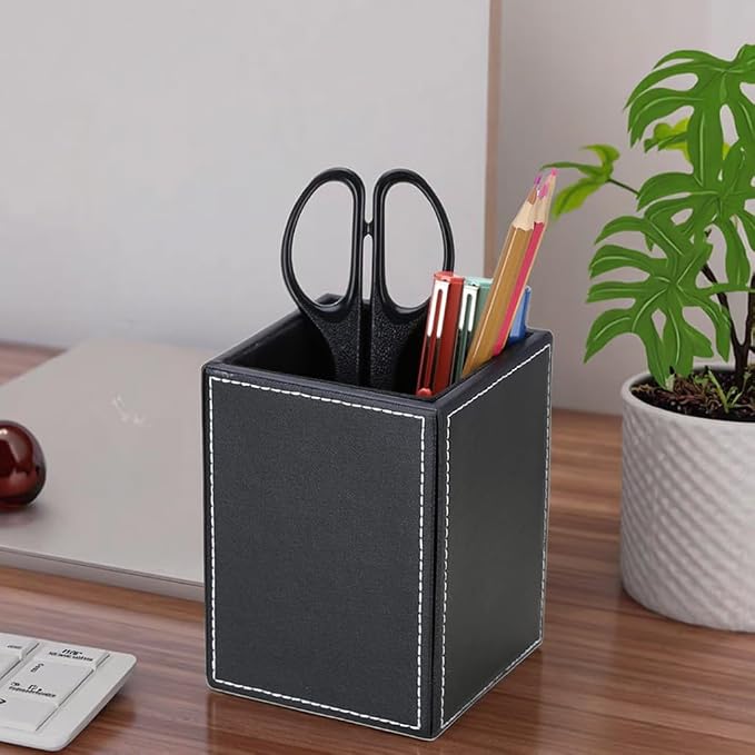 PU Leather Square Pens Pencils Holder Cup Desktop Stationery Organizer Case Office Accessories Container Box (black)
