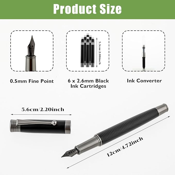 Fountain Pen Set, Smooth Writing Pen with 6PCS 2.6mm Ink Boxs and 0.5mm Fine Point Matte Pens for Executive Calligraphy Office Business Journaling Gift