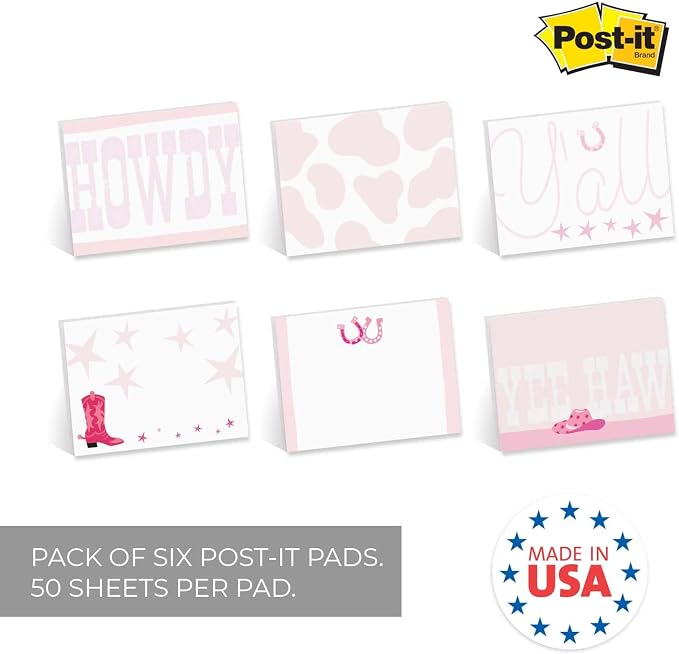 Cute Pink Cowgirl Themed Sticky Note Pads / 4" x 3" Repositionable Trendy Western Sticky Notes / 50 Sheets Per Pad/Set of 6 Retro Designs/Made in USA
