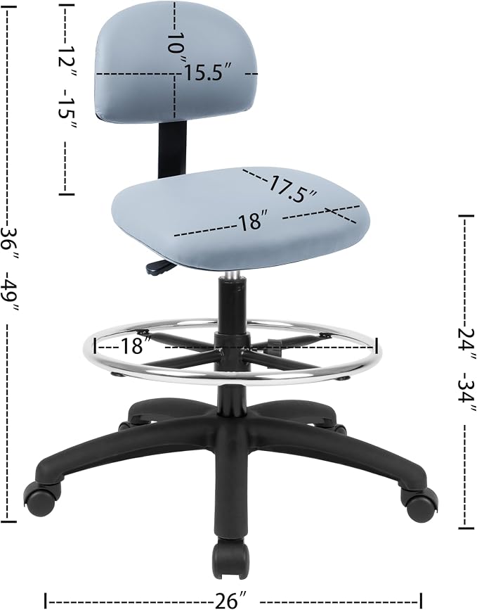 FSS Series Square seat Tall (24"-34") seat Height Chair. Vinyl-for Office, Garage, Desk, Shop, Computer, Doctor, Medical, Easy to Clean! 18" Footring (Gray, Tall, _Standard Casters)