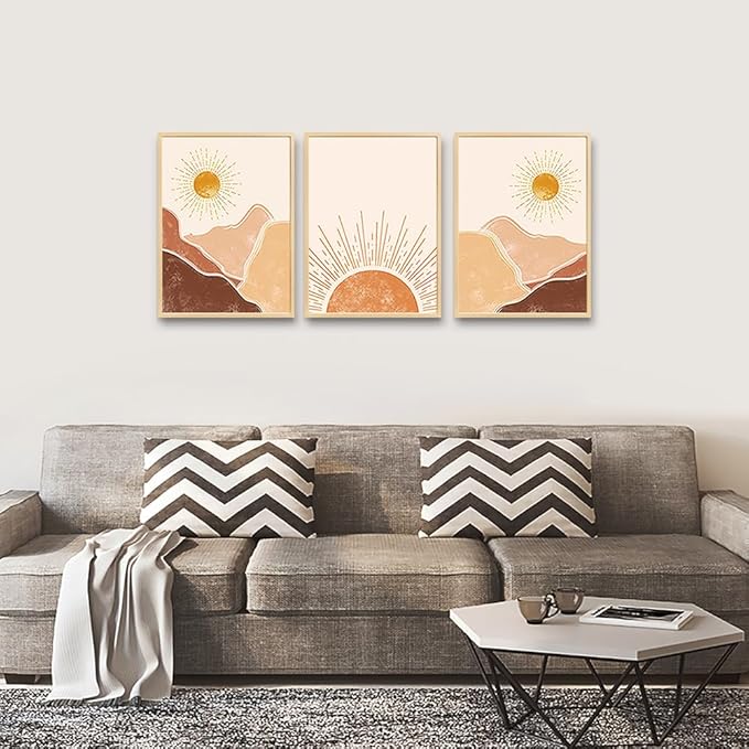 Natural Wood Framed Boho Wall Art for Bedroom, Living Room, Minimalist Office Decor - Abstract Mountain Sunshine Decorations Paintings Pictures for Girl Room Home Decor - 3 Piece
