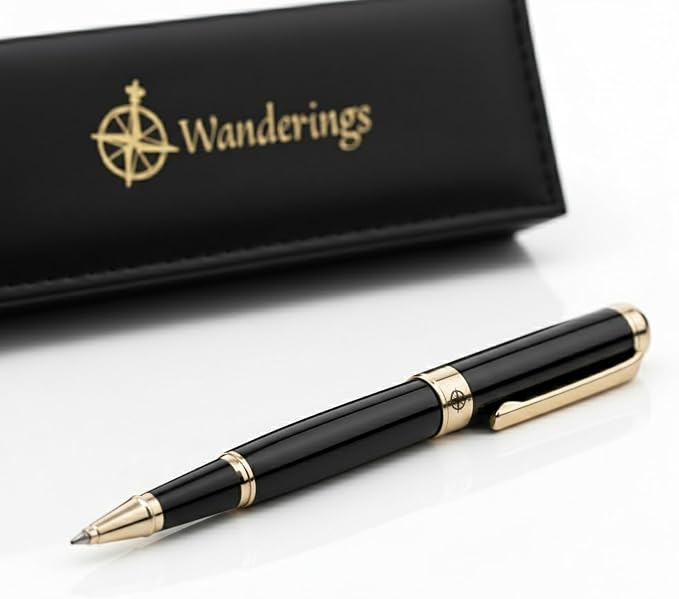 WANDERINGS Premium Rollerball Pen with German Ink – Perfectly Balanced for a Superb Writing Experience, 24K Gold Plated Black – Piano Black - Includes a Schmidt Refill in a Giftable Presentation Case