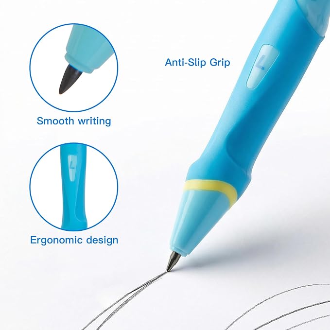Ergonomic Pencil Set, 2.0mm HB Mechanical Pencils for Kids, School Supplies Include Sharpener, Eraser & 6 Extra Leads – Handwriting Aid for Preschool, Kindergarten, Homes, Blue, L