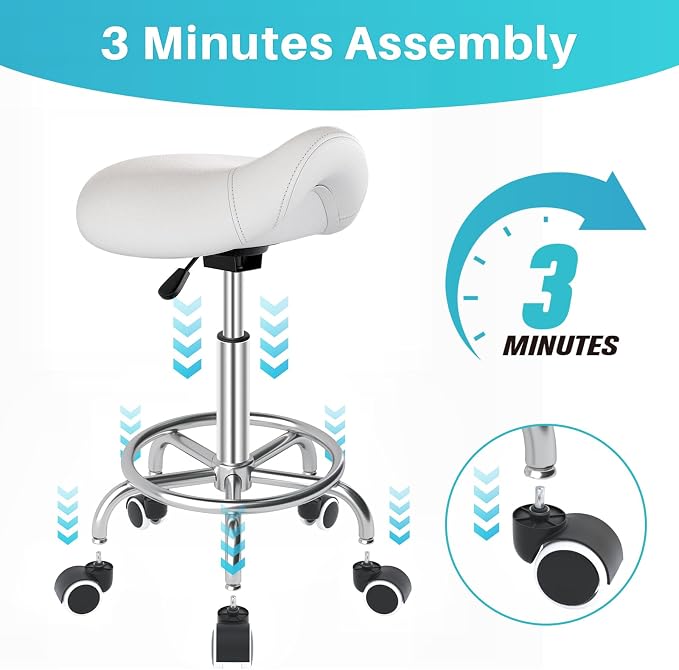 YEEZEE Saddle Stool Ergonomic, Saddle Chair with Wheels, Classic White | Comfortable Wide Thick Saddle Seat Padding, 360°Swivel, Adjustable Height, Ring Pedal Design, for Medical Massage Salon Spa