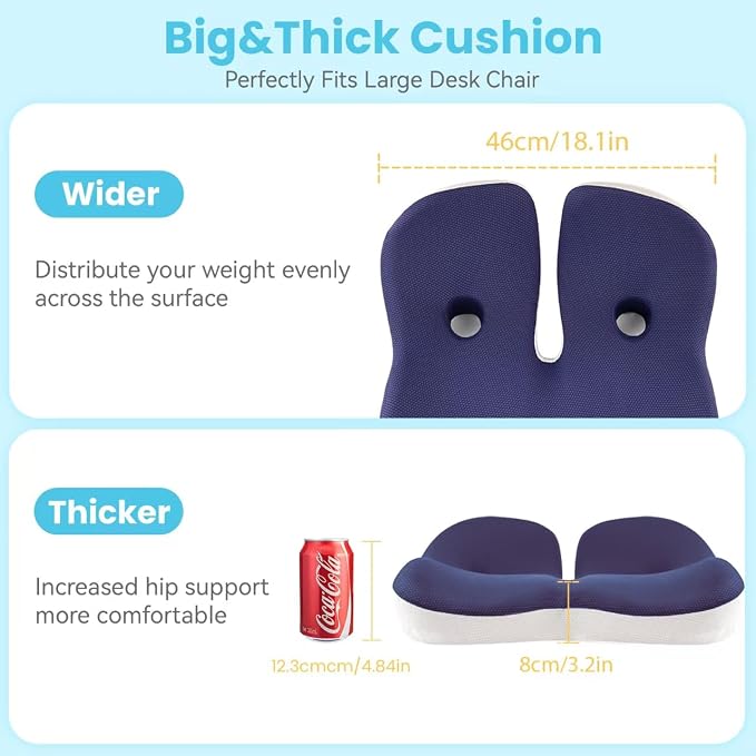 Seat Cushion, Memory Foam for Sit Bone and Back Pain Relief | Dual-Hole Ventilation, Coccyx,Sciatica and Tailbone Hip Relief ,Posture Support ,Office Chair and Car Seat,Home Use