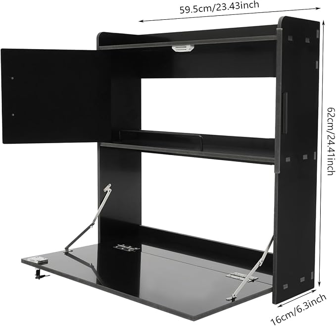 Wall Mounted Table,Wall Mount Laptop Desk, Fold Down Space Saving Computer Desk, Writing Workstation with 2 Tier Storage Compartments for Home Office 44lbs Capacity (Black)