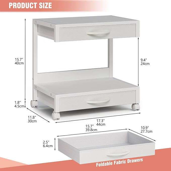 VENNQD 2-Tier Desktop Printer Stand with 2 Fabric Drawers, Prtiner Table with Storage Shelf, Desk Organizer for Home Office,3D Printer,Fax Machine,Scanner (White, 2 Tier)