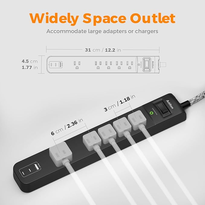 2 Pack Surge Protector Power Strip - USB C Power Strip, Flat Extension Cord with 5 Widely 3 USB (2 USB-C) Ports, Desktop Charging Station for Home Office College Dorm Room Essentials