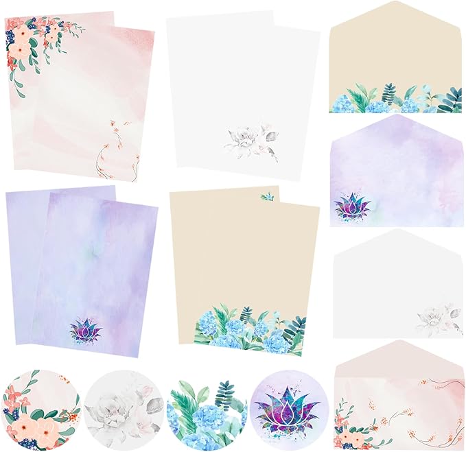 Stationery Writing Paper with Envelopes，4 Different Style Decorative Stationery Sheets， Double-sided Printing，32 Stationery Papers+16 Envelopes, 7.5" x 10.4" of Each Stationery Paper