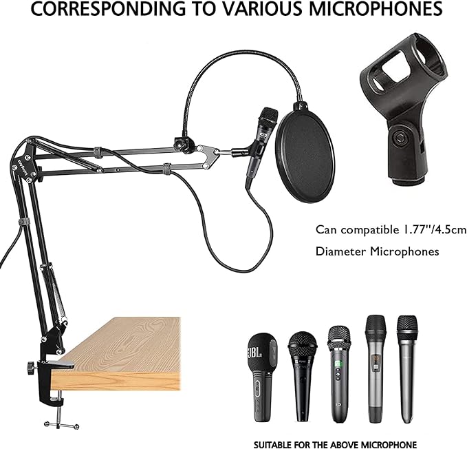Microphone Stand for Blue Yeti, Quadcast Boom Arm Scissor Mic Stand with Windscreen and Double layered screen Pop Filter Heavy Duty Mic Boom Scissor Arm Stands, Broadcasting and Recording.Game