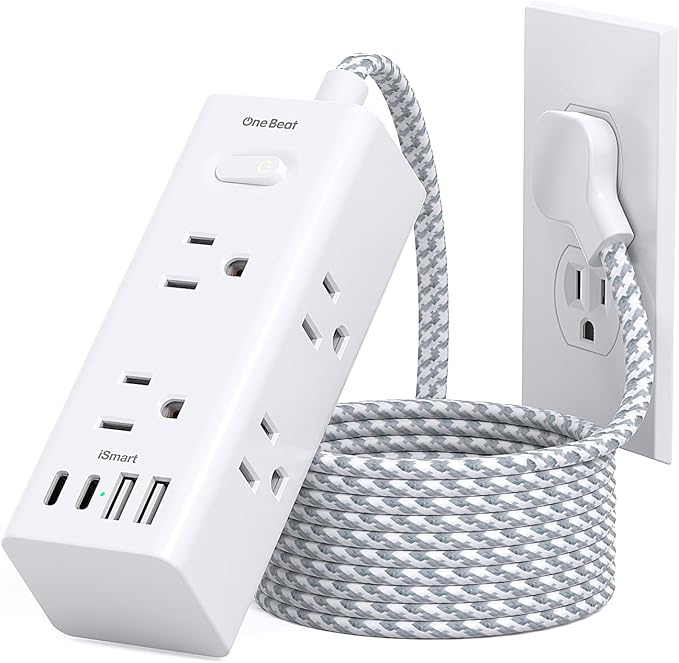 Flat Plug Extension Cord 6 Ft, One Beat 6 Feet Surge Protector Power Strip with 6 Widely Outlets 4 USB Ports (2 USB C), 3 Way Wall Outlet Extender Extension Cord for Home Office College Dorm Room