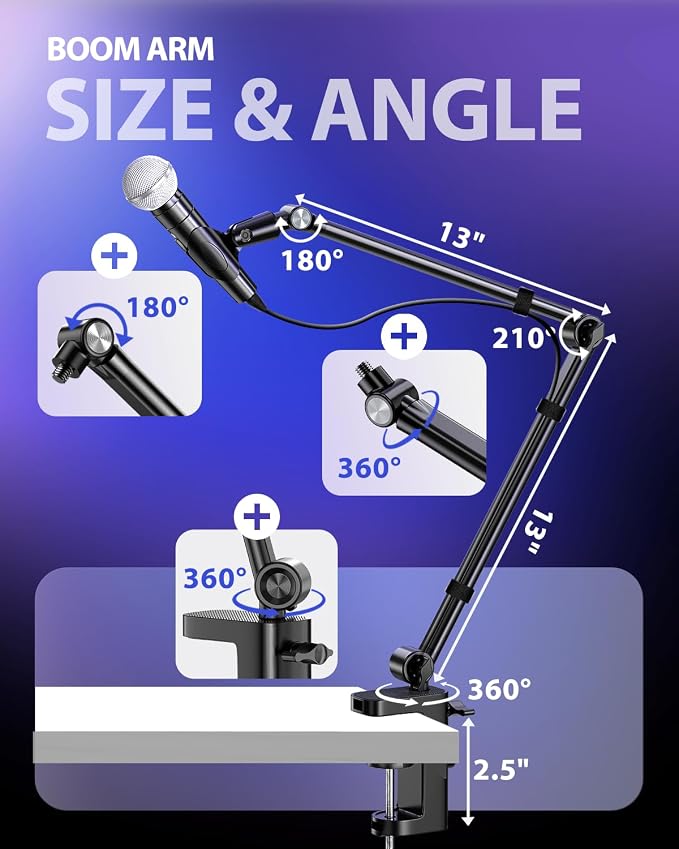UBeesize Microphone Boom Arm, Aluminum Alloy Mic Arm Stand for Blue Yeti, HyperX QuadCast, Shure SM7B and Other Mic, 360° Rotatable Head Mic Arm Desk Mount with 3/8" to 5/8" Adapter for Podcast Gaming