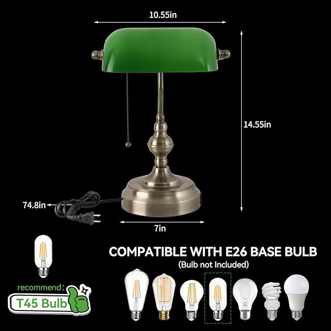 Green Glass Banker's Desk Lamp, Antique Banker Desk Lamps with USB Charging Port, Traditional Library Lamp, Vintage Desk Lamp Green Shade for Office Study Room, Pull Chain Switch