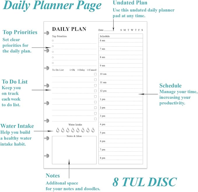 ZGMJ Undated Daily Planner Refill - A5 Day Planner With Insect To Do List, 100 Sheets/200 Pages, 8-Disc Discbound Notebook, 100gsm White Paper, 5.8'' x 8.3'', Junior Size