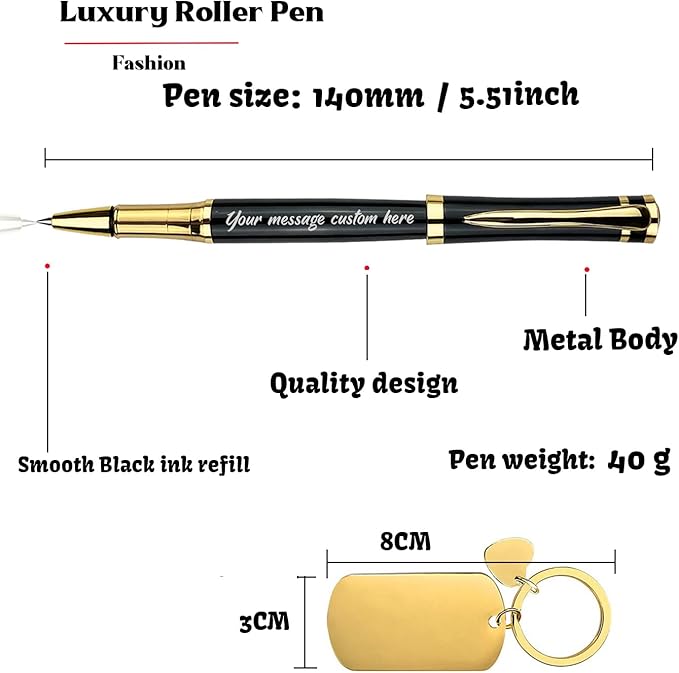 Yastar Custom Office Pen with Custom Keychain Business Gift Set with Pen Box 2 extra Black Refills Engraved with your Message Names Company Names Phone Number Souvenir Gift for Colleague Friends