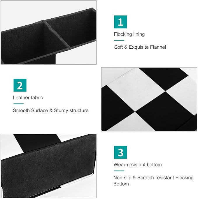 Black And White Plaid PU Leather Pen Holder Desk Organizer, 2-Compartment Pencil Container for Office, Home, Vanity Use